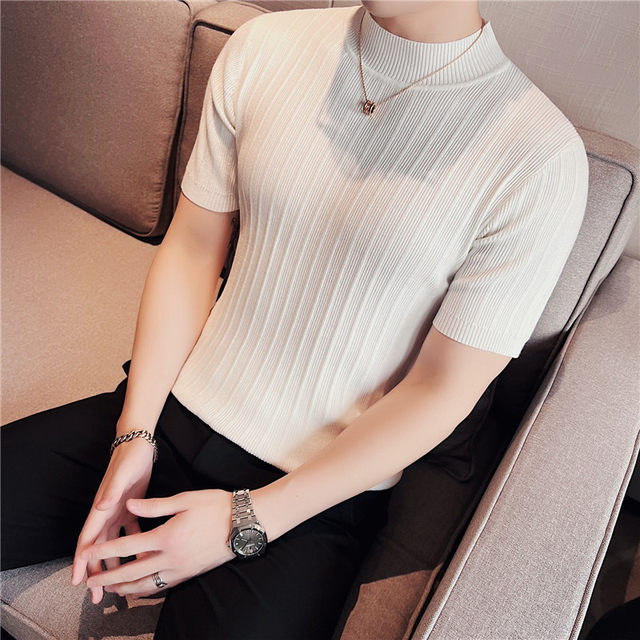 Men's slim fit short-sleeved sweater knitted half turtleneck stretch