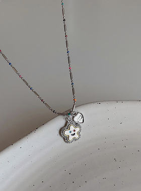 彩色米珠金属笑脸花朵项链女小众设计感个性简约百搭气质时尚颈链