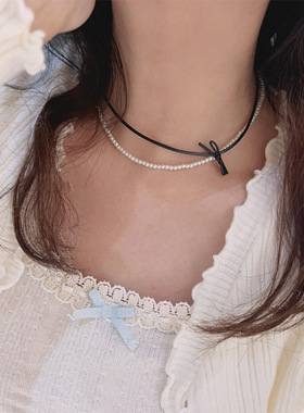 双层皮革蝴蝶结珍珠项链女少女感甜美可爱气质百搭个性颈链锁骨链