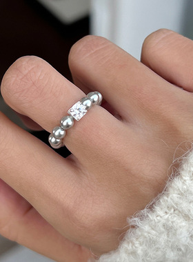 锆石珍珠串珠弹力戒指女法式复古轻奢优雅高级简约个性指环戒子