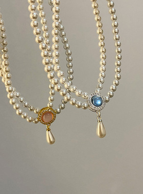 法式复古水滴吊坠双层珍珠项链女小众优雅气质百搭时尚颈链锁骨链