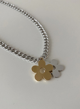 不锈钢金银撞色花朵项链女韩国个性百搭气质时尚颈链锁骨链毛衣链