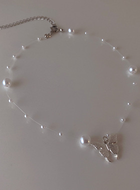 超仙鱼线珍珠蝴蝶吊坠项链女韩国个性简约百搭气质时尚颈链锁骨链