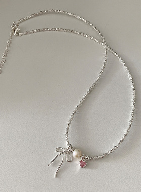 碎银子金属蝴蝶结爱心珍珠项链女设计感小众个性百搭颈链锁骨链