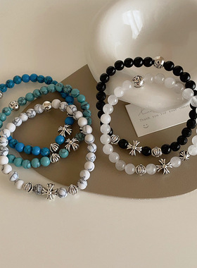 天然石串珠十字架金属手链女设计感小众复古个性百搭气质手镯手饰