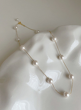 冷淡风珍珠链条项链女小众设计复古个性简约百搭气质颈链锁骨链