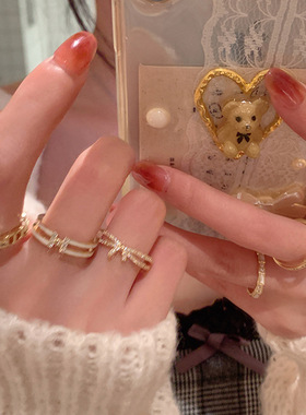 轻奢双排珍珠锆石开口戒指合集女小众独特时尚气质百搭戒指指环