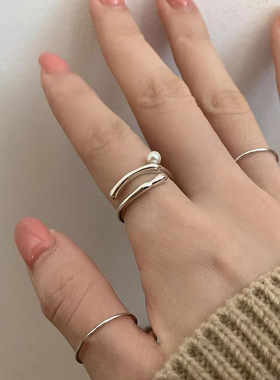小众设计感不规则金属珍珠开口戒指女个性简约百搭气质指环戒子