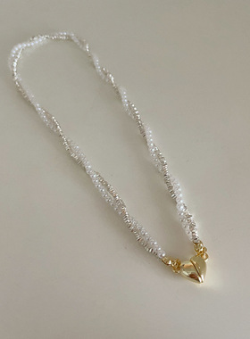 碎银子金属珍珠缠绕爱心磁铁项链女设计感小众个性百搭颈链锁骨链