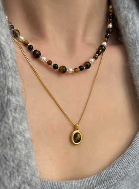 小众设计感复古虎眼石项链女轻奢高级时尚气质简约百搭颈链锁骨链
