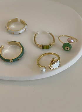 法式复古天然石珍珠滴油金属戒指女小众个性简约百搭气质指环戒子