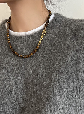 设计感虎眼石链条金属项链女复古优雅高级气质时尚百搭颈链毛衣链