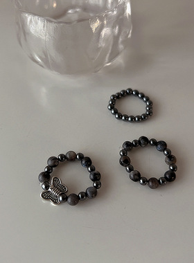 小众设计树脂串珠蝴蝶结戒指套装女韩国个性简约百搭气质指环戒子