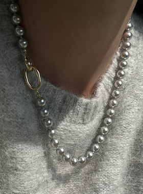 高级感灰色珍珠项链女韩国小众复古个性简约百搭气质颈链锁骨链