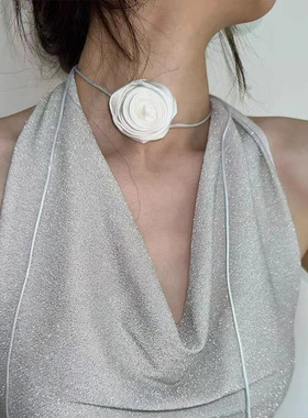 超仙蕾丝布艺花朵项链女小众设计复古个性百搭气质时尚颈链锁骨链