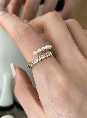 小众设计感锆石珍珠交错开口戒指女韩国个性简约百搭气质指环戒子
