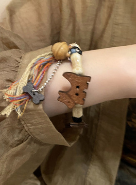 木质星星小狗铃铛手链女设计感小众复古个性百搭气质时尚手饰手镯