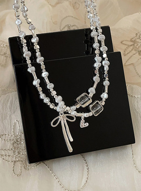 港风复古珍珠碎银蝴蝶结项链女轻奢优雅个性时尚百搭颈链锁骨链