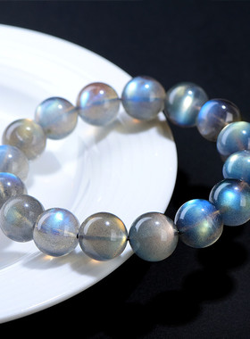 久雅水晶 天然彩虹灰月光圆珠手链 大颗粒七彩拉长石散珠手串