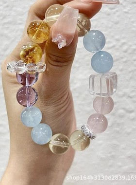 多宝天然水晶手串女高级感甜美温柔水晶串珠清透海蓝宝手饰品