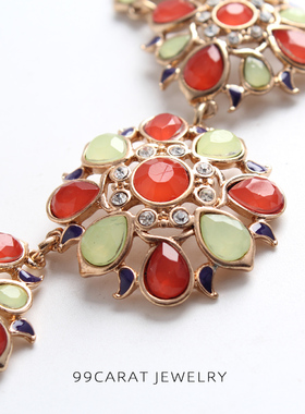 复古红绿色水滴花朵闪钻短款项链