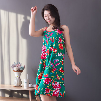 Northeast large floral fabric suspender nightgown for women summer sexy cotton silk home clothes ຜ້າຝ້າຍຫວານວ່າງ sleeveless pajamas