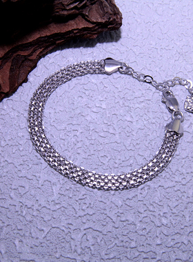 S925纯银宽版多层手链女中性风小众个性复古小猫尾牌坦克素链