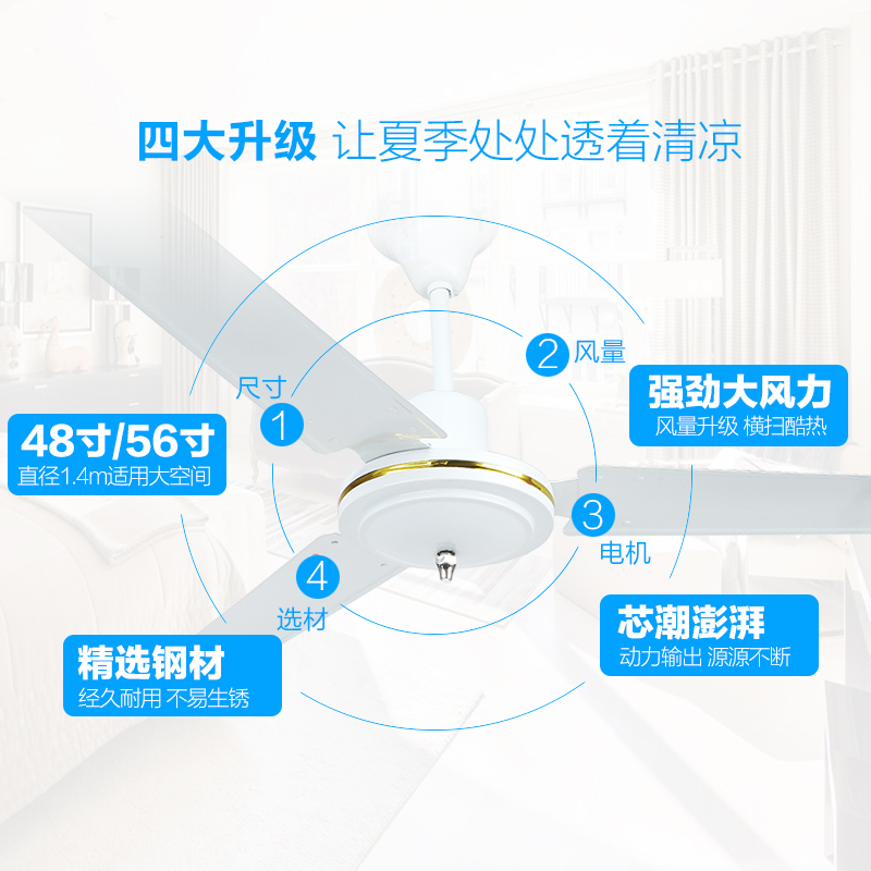 舒乐铁叶吊扇家用大电风扇48寸56寸宿舍工厂工业强力楼顶扇吸顶扇 - 图1