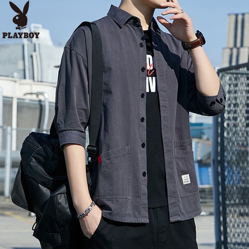 花花公子纯棉男士外套七分袖衬衫 playboy纯尚衬衫