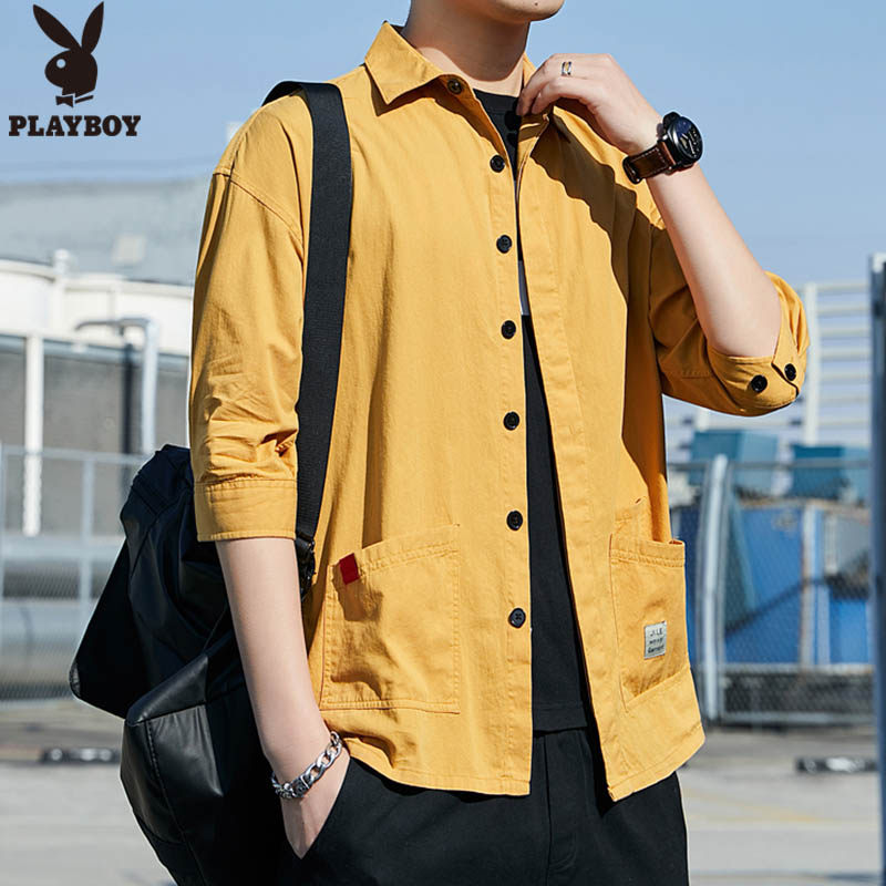 花花公子纯棉男士外套七分袖衬衫 playboy纯尚衬衫