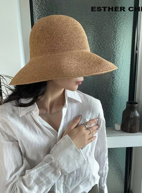 ESTHER CHEUNG老钱单丝草法式大檐草帽可折叠出游度假遮阳帽子