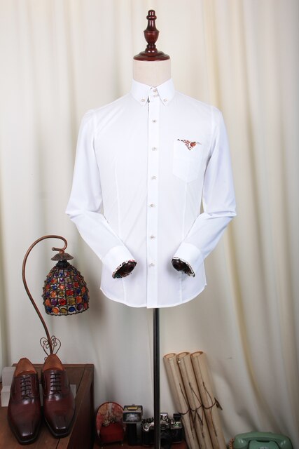 Stretch cotton gold button store men's long sleeve shirt