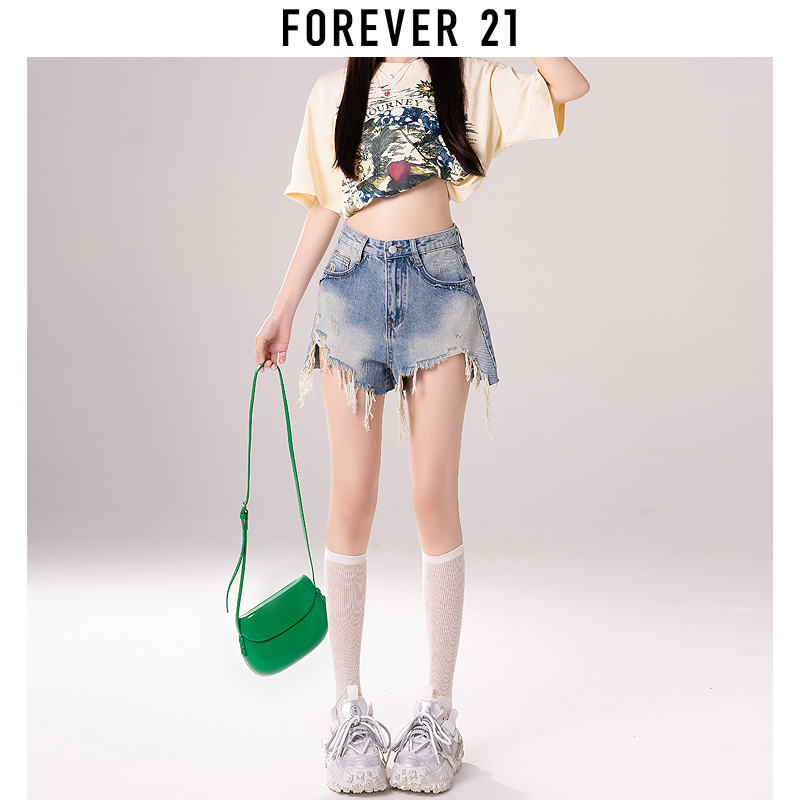 Forever 21复古辣妹牛仔短裤女夏季高腰显瘦设计感a字阔腿热裤子