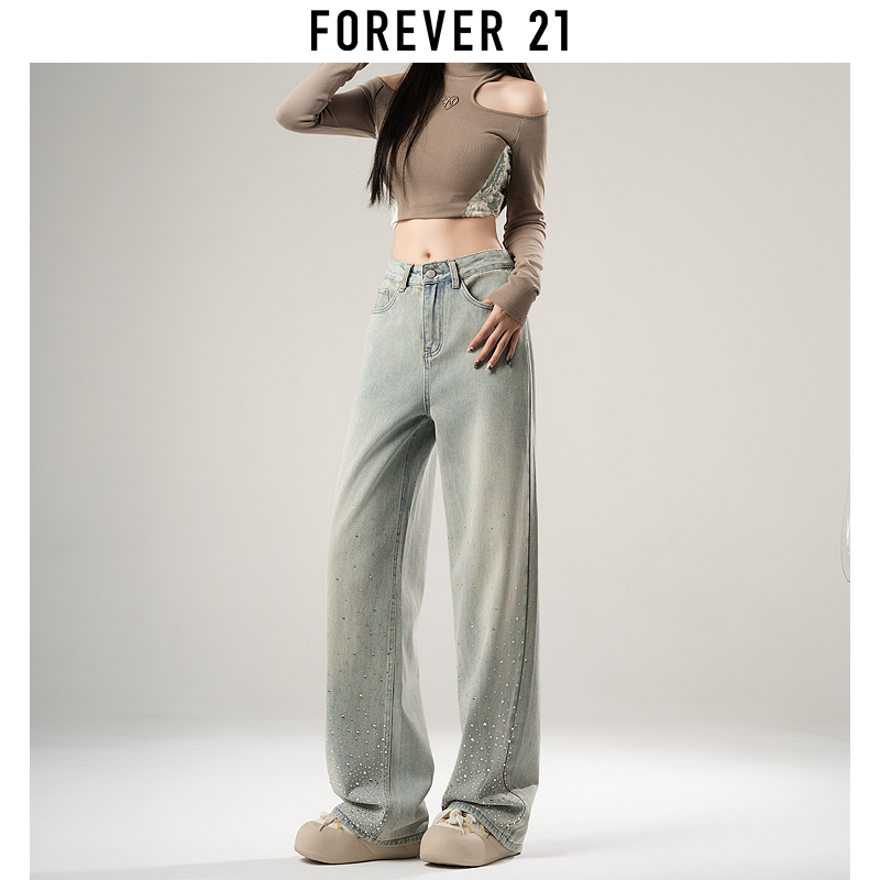 forever 21高腰烫钻阔腿牛仔裤女复古直筒垂坠感窄版拖地裤子春秋