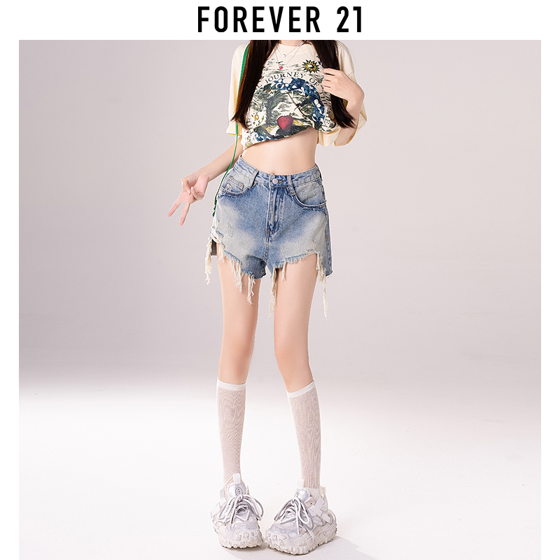 Forever 21复古辣妹牛仔短裤女夏季高腰显瘦设计感a字阔腿热裤子