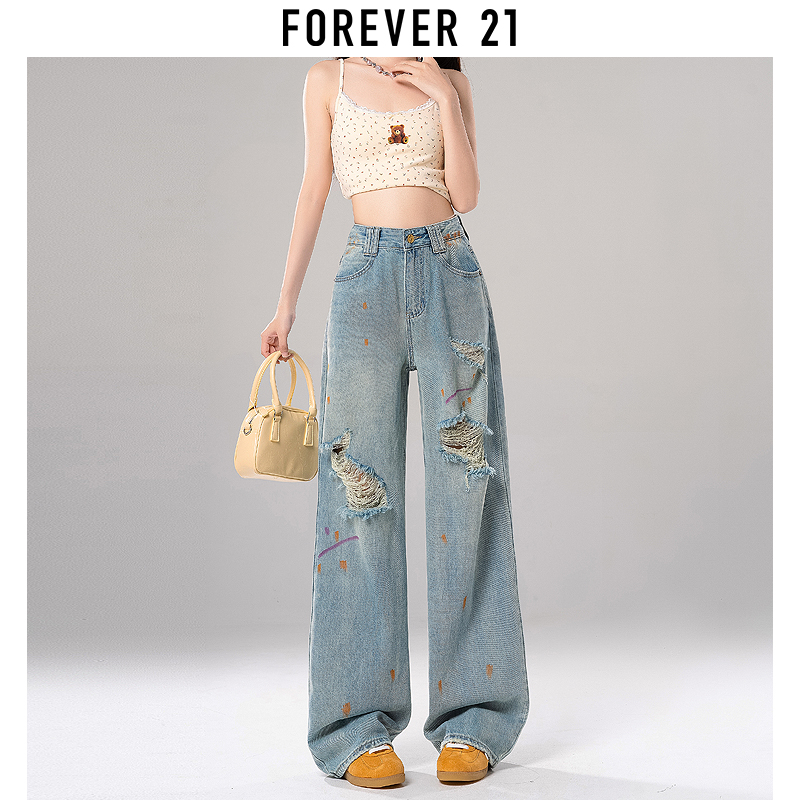 Forever 21浅色破洞牛仔裤女2024年夏季高腰涂鸦宽松阔腿拖地裤子