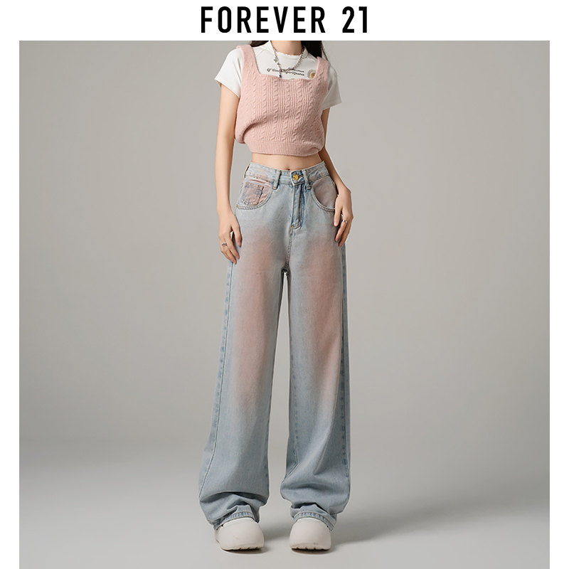 forever 21复古阔腿牛仔裤女2024年新款小个子直筒拖地腮红裤春秋