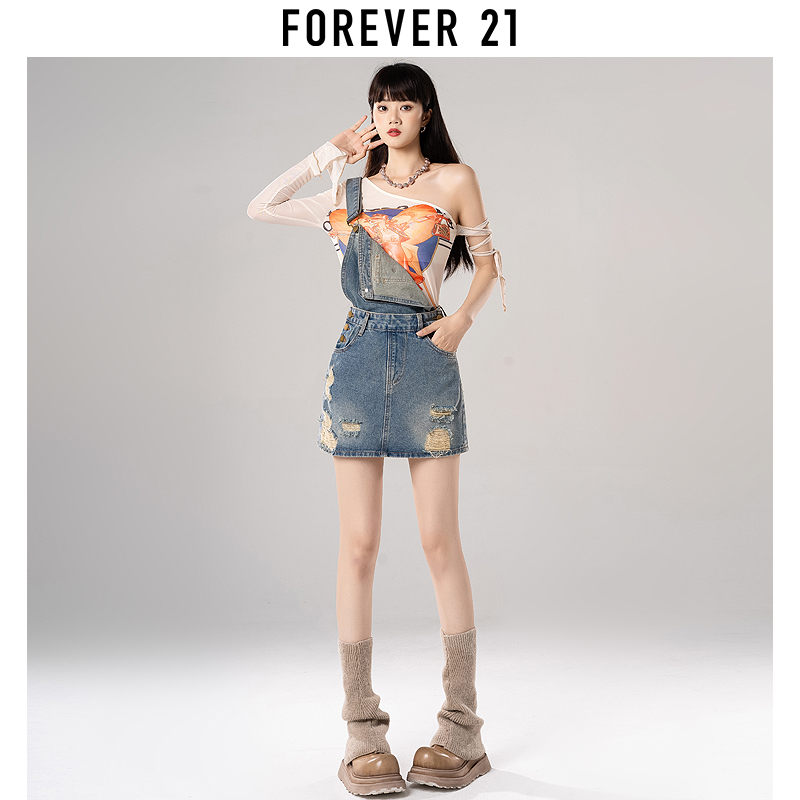 Forever 21复古牛仔裙女春夏设计感辣妹小个子破洞背带裙短裙子