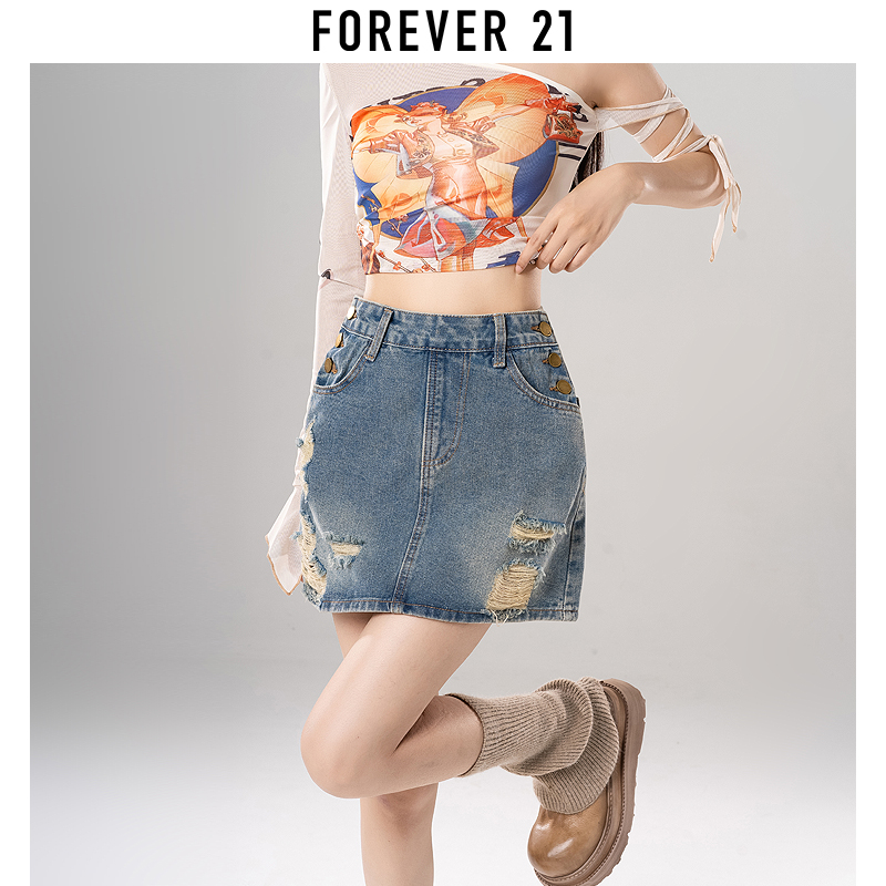 Forever 21复古牛仔裙女春夏设计感辣妹小个子破洞背带裙短裙子