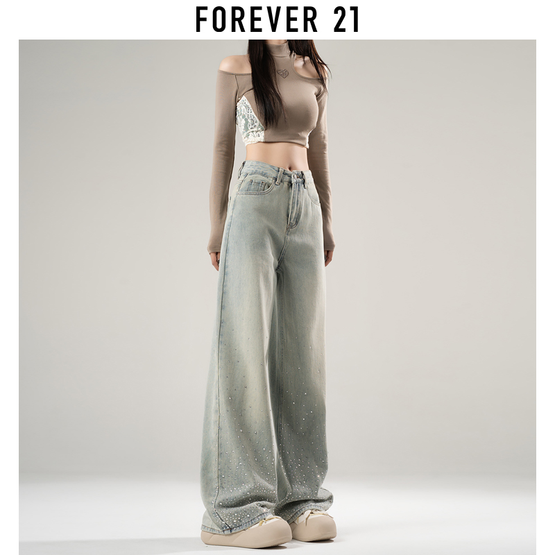 forever 21高腰烫钻阔腿牛仔裤女复古直筒垂坠感窄版拖地裤子春秋