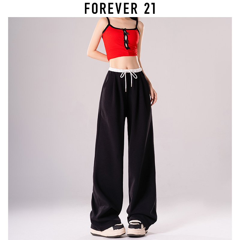 Forever 21黑色运动裤女春夏2024新款休闲高腰垂感小个子阔腿卫裤