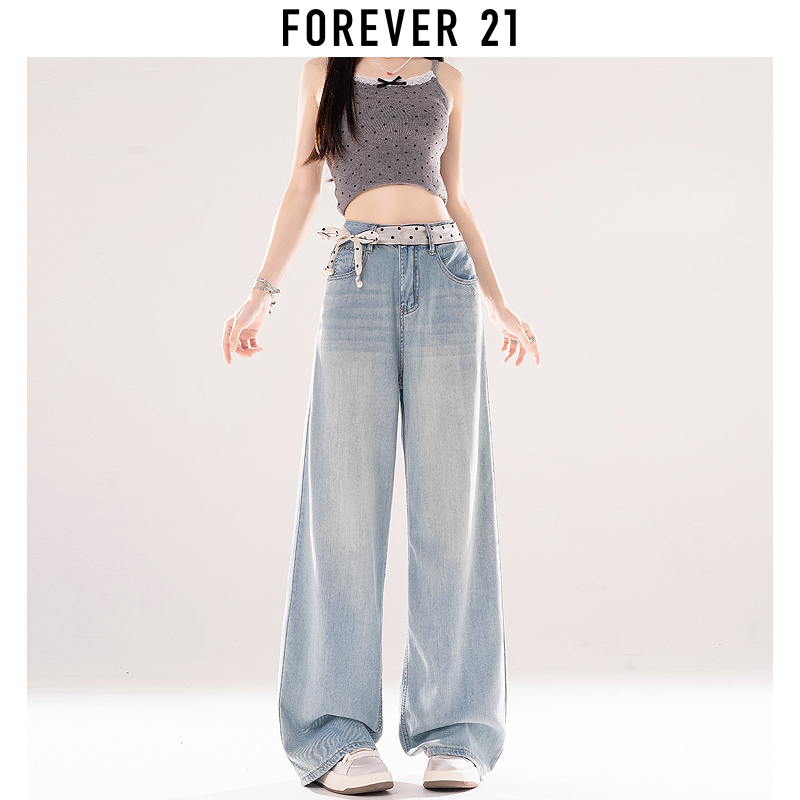 Forever 21夏日多巴胺穿搭阔腿牛仔裤女高腰垂感宽松直筒拖地裤子