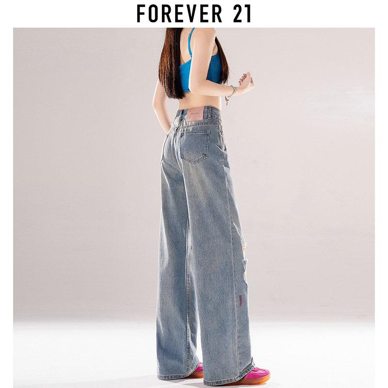 Forever 21破洞阔腿牛仔裤女夏季2024年新款高腰涂鸦窄版直筒裤子