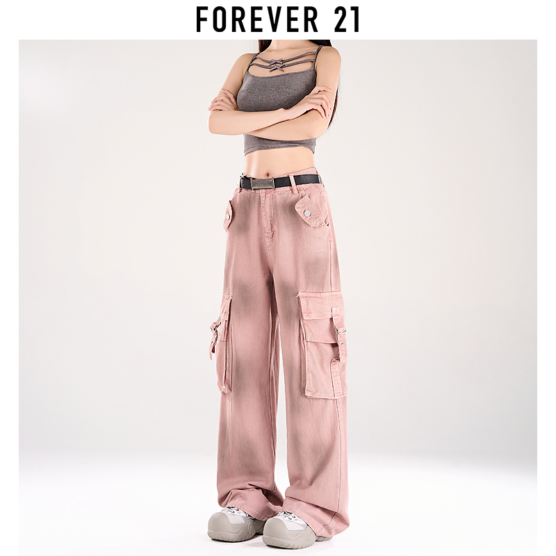 Forever 21粉色美式工装裤女春秋高街撞色vibe高腰宽松阔腿牛仔裤