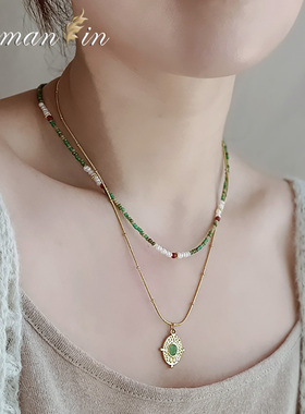 小清新橄榄绿色串珠彩色珍珠项链