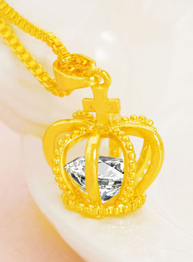 爆款欧美沙金锆石皇冠吊坠女士时尚项饰铜镀沙金饰品吊坠项链套装