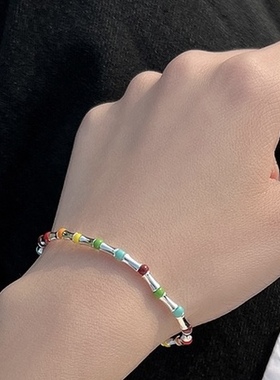 彩虹串珠彩色弹力绳手链戒指潮男女竹节糖果色手工编织手串指环le