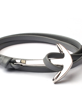 新款 双层仿真皮VIKINGS船锚手链男女情侣 鱼钩手链 皮绳 卡其