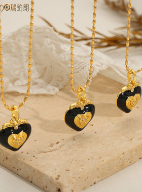 ROBELO设计轻奢珐琅钛钢镶钻心形吊坠项链耳环 Heart necklace