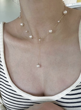 cc手作人造珍珠美产14k包金错落满天星项链简约百搭锁骨链颈链